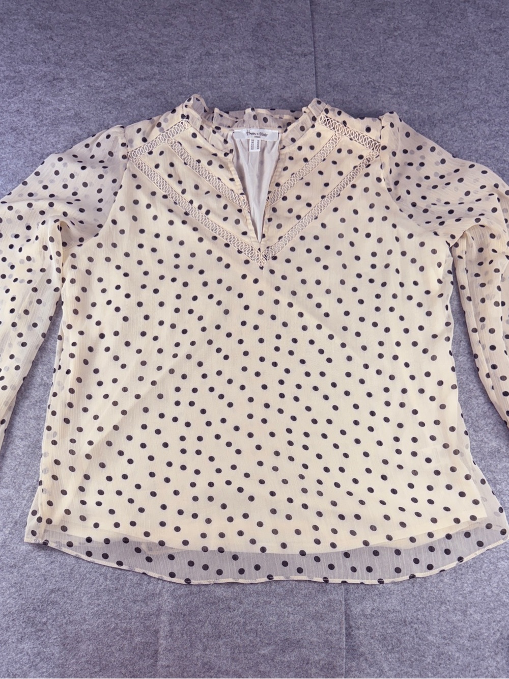 Haver + Blair Polka Dot Blouse M | Sheer Sleeves & Ruffle Neck